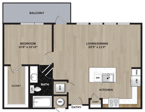 Floor plan for 1 bed, 1 bath, 798 sqft